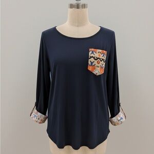 Navy Long Sleeve Top with Patterned Accents